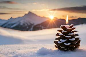 AI generated a pine cone with a candle in the snow photo