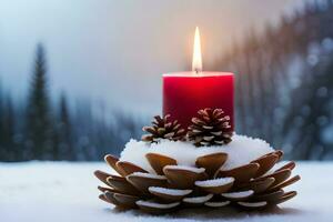 AI generated a pine cone with a candle in the snow photo