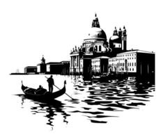 Silhouette of Venice skyline and architecture with gondola on the water. Silhouette vector illustration