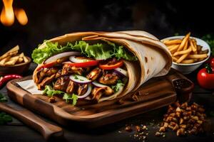 AI generated a chicken shawarma wrap with french fries and tomatoes photo