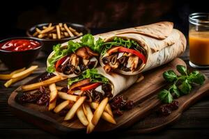 AI generated a chicken shawarma wrap with french fries and tomatoes photo