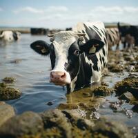 ai generado negro y blanco vaca en playa escena realista foto, buey Bebiendo agua con vaso generativo ai foto