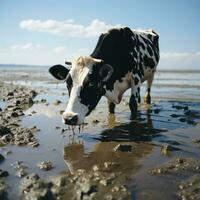 ai generado playa escena realista buey Bebiendo agua, negro y blanco vaca, mirando a cámara generativo ai foto