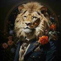 AI generated Contemporary Art College Man Realistic Night View Photo of Lion in Man Suit Generative AI