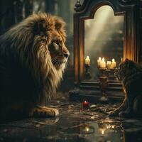 AI generated Animal Reflection Realistic Image in Room Night View with Light Bulb Generative AI photo