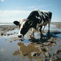 AI generated Beautiful Bull Realistic Image, Drinking Water in Beach, Black and White Cow Generative AI photo