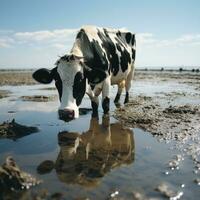 ai generado vaca Bebiendo agua en playa realista hermosa negro y blanco vaca generativo ai foto