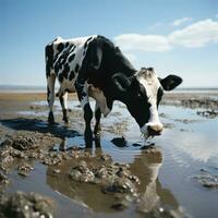 AI generated Bull by the Beach Realistic Photo, Drinking Water, Black and White Cow Generative AI photo