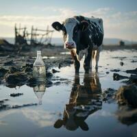 AI generated Bull and Cow Realistic Image, Drinking Water in Beach, Black and White, with Glass Generative AI photo
