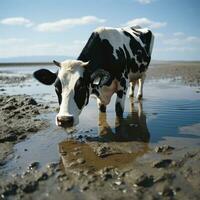 AI generated Coastal Beauty Realistic Image, Ox Drinking Water, Black and White Cow, Glass in Hand Generative AI photo