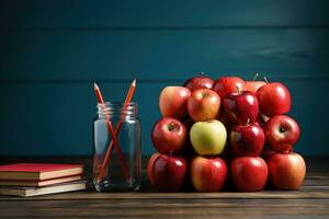 ai generado collage salón de clases ajuste foto realista libros manzanas lapices para profesor día generativo ai