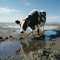 AI generated Bull by the Beach Realistic Photo, Drinking Water, Black and White Cow with Glass Generative AI photo
