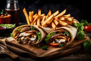 AI generated a chicken shawarma wrap with french fries and tomatoes photo