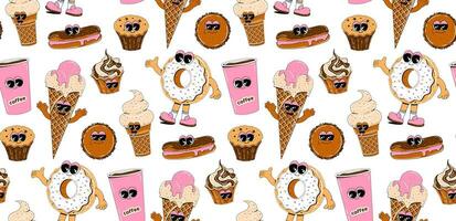 Seamless pattern with sweets characters in retro cartoon style. Ice cream, coffee, macaroon, donut, cupcake. Modern background for coffee shop, menu, restaurant. vector