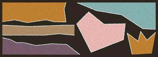 Set of torn paper of different colors with grain texture.Square, heart, crown, rectangle and other abstract shapes. Torn, distorted, sharp shapes for retro collages. vector