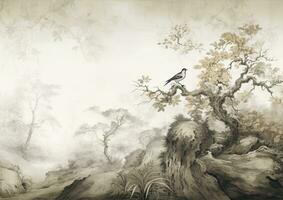 AI generated Wallpaper with birds in the forest, ink wash dark white and light flowing fabrics  art photo