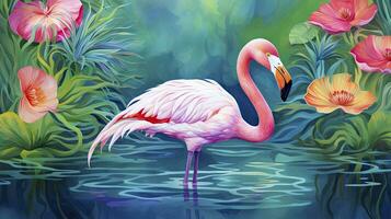 AI generated Tropical Serenity Digital Watercolor Painting of a Flamingo Amidst Lush Lakes in Vivid Colors, Creating a Captivating Pattern Wallpaper. photo