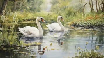 AI generated Watercolor painting of surrounding the lake with a pair of white geese photo