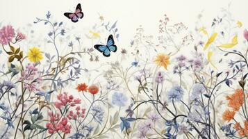 AI generated Graceful Garden Whimsy. A Drawing Featuring the Pattern of Wildflowers, Branches, and Butterflies in Bright Colors, Perfect for Adorning Walls with Cheerful Charm. photo