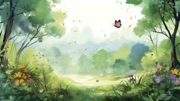 AI generated Digital Watercolor Harmony. A Lively Forest Landscape Painting with Birds, Butterflies, and Trees, Unifying Bright Colors in a Consistent and Enchanting Style. photo