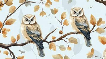 AI generated Cute owl on branch seamless pattern can use for fabric textile or for printing photo