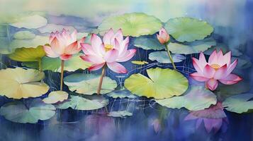 AI generated Watercolour painting of lotus flowers and leaves in water in an influential and harmonious style of colours photo