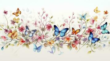 ai generado agraciado jardín capricho. un dibujo presentando el modelo de flores silvestres, sucursales, y mariposas en brillante colores, Perfecto para adornando paredes con alegre encanto. foto