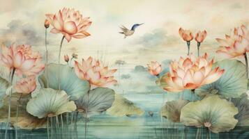 AI generated Watercolor wallpaper pattern landscape of lotus flower with lake background photo