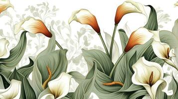 AI generated Vintage Pattern Wallpaper Featuring Calla Lily Flowers and Butterflies in a Landscape, Drawn with a Nostalgic Touch, Against a Clean White Background. photo