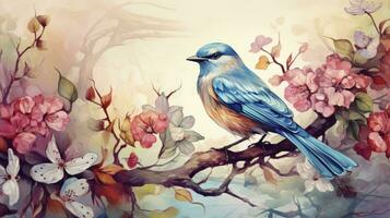 ai generado armonía en naturaleza Clásico japonés estilo pintura representando un vistoso pájaro en medio de flores, rosas, sucursales, y mariposas un maravilloso obra de arte ideal para interior decoración. foto