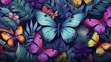 AI generated Tropical Colorful Wallpaper Pattern with Vibrant Tropical Leaves, Butterflies, and Birds on an Aged Texture Background. photo