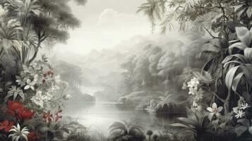 AI generated Riverside Retreat Wallpaper Showcasing a Tropical Forest with Leaves, Birds, Butterflies, and a Tranquil River, Rendered in an Old Drawing Vintage Style for a Timeless Background. photo