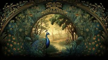 AI generated Pattern Wallpaper with Peacock Birds Background, Accentuated by an Arch of Trees, Plants, and Birds, Evoking a Vintage Style Landscape. photo