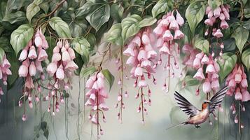 AI generated Ethereal Flora Watercolor Illustration of Drooping Eucalyptus Leaves, Pink and White Weeping Lily of the Valley, Adorned with Butterflies and Hummingbirds. photo