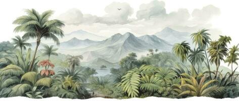 ai generado olvidado selva tinta y lavar representación de un tropical paisaje en el Diecinueveavo siglo francés academia estilo. un mural representando naturalista fauna silvestre con montañas, aves, y ríos foto