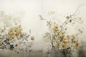 AI generated White Canvas A Muted Toned Ink Wash Landscape of Flowers Hanging on a White Wall, Infused with Dark Gold and Dark Beige, Digitally Naturalistic Palette Celebrating Flora and Fauna. photo