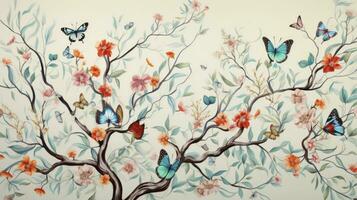 ai generado dibujo de el modelo de salvaje flores con su ramas y agraciado mariposas en brillante colores para paredes foto