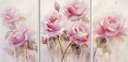 AI generated Golden Rose Trio Set of 3 Watercolor Framed Wall Art Pieces, Capturing the Elegance of Pink Roses in Gold Tones, Evoking the Essence of Timeless Oil Paintings. photo