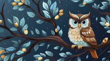 AI generated Cute owl on branch seamless pattern can use for fabric textile or for printing photo