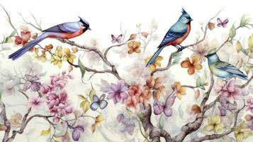 AI generated Watercolor painting pattern of colorful birds standing on tree branches with butterflies and beautiful flowers in a harmonious color photo