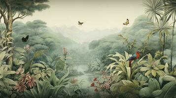 AI generated Riverside Retreat Wallpaper Showcasing a Tropical Forest with Leaves, Birds, Butterflies, and a Tranquil River, Rendered in an Old Drawing Vintage Style for a Timeless Background. photo