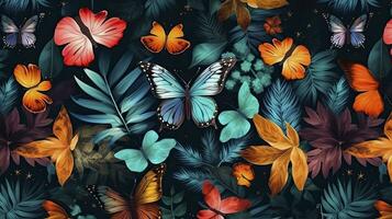 AI generated Tropical Colorful Wallpaper Pattern with Vibrant Tropical Leaves, Butterflies, and Birds on an Aged Texture Background. photo