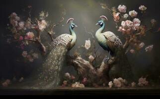 AI generated Baroque and Dramatic Compositions of Peacocks with Flowers in a Dark Room, Accentuated by Tree Trunks in the Background. Mysterious Backdrops Creating Ornate Wall Art Paintings. photo