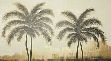 AI generated Tropical Opulence Abstract Textured Drawing of a Vintage Shaded Gold and Black Oil Painting, Featuring a Patterned Landscape of a Tropical Forest with Palm Trees. A Striking Artwork photo