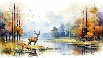 AI generated Autumn Forest Watercolor Painting Capturing the Tranquil Beauty of a Spring Landscape, Featuring Trees, Wildflowers, and a Serene Lake with Deer. An Artful Depiction Perfect for Interior photo