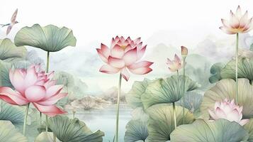 AI generated Watercolor wallpaper pattern landscape of lotus flower with lake background photo