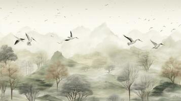 AI generated Wallpaper of a forest pattern of trees with cranes in a landscape and flying birds in light colors photo