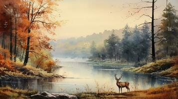 AI generated Autumn Serenity Vintage Watercolor Painting of a Forest, with Trees and Wildlife by a River Lake, Featuring Graceful Deer in a Timeless Landscape. photo