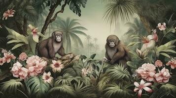 ai generado fondo de pantalla selva y hojas tropical bosque mural mono antiguo dibujo Clásico antecedentes foto