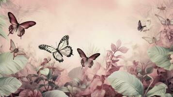 AI generated Tropical Wallpaper Pattern Featuring Tropical Leaves, Butterflies, and Birds on an Old Pink Background, Creating a Soothing and Elegant Atmosphere. photo